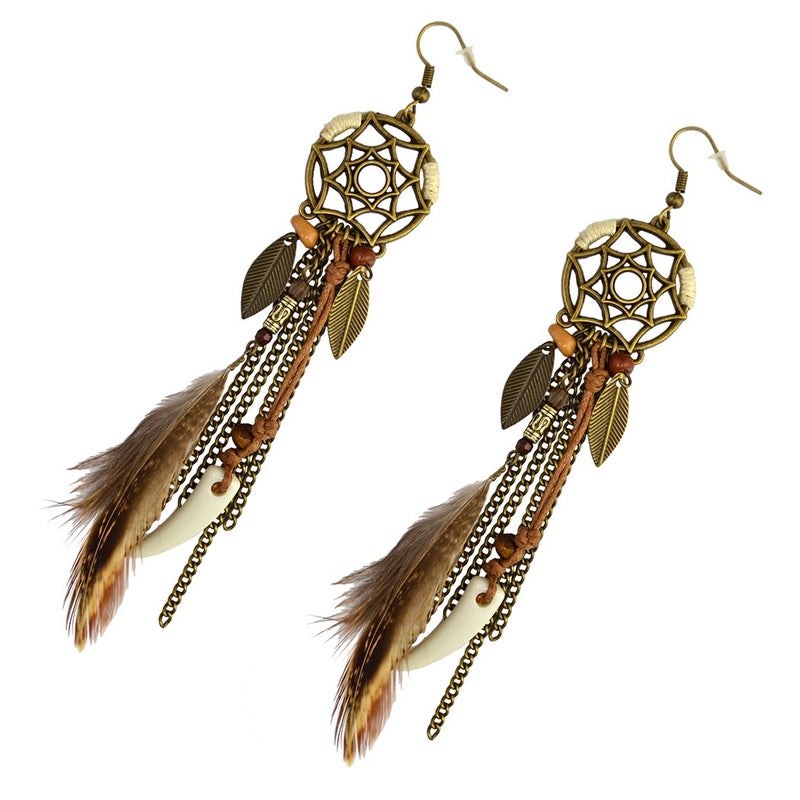 Idealway Punk Vintage Long Tassel Feather Beads Drop Wolf Tooth Pendant Earring Fish Hook Earrings (Brown A) - Image 3